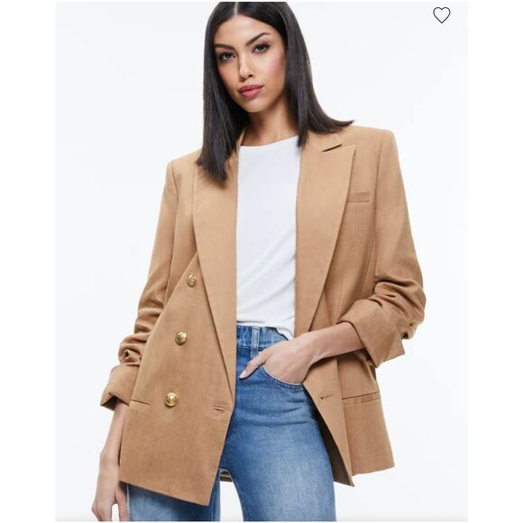 Alice + Olivia Blazer Tan Double Breasted 4 Oversized Linen Blend - Picture 1 of 8